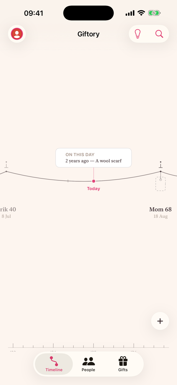 The Giftory timeline: a thin string sagging between two pinned birthdays, today a pink bead at the centre, with a card reading ‘On this day — 2 years ago, a wool scarf’.